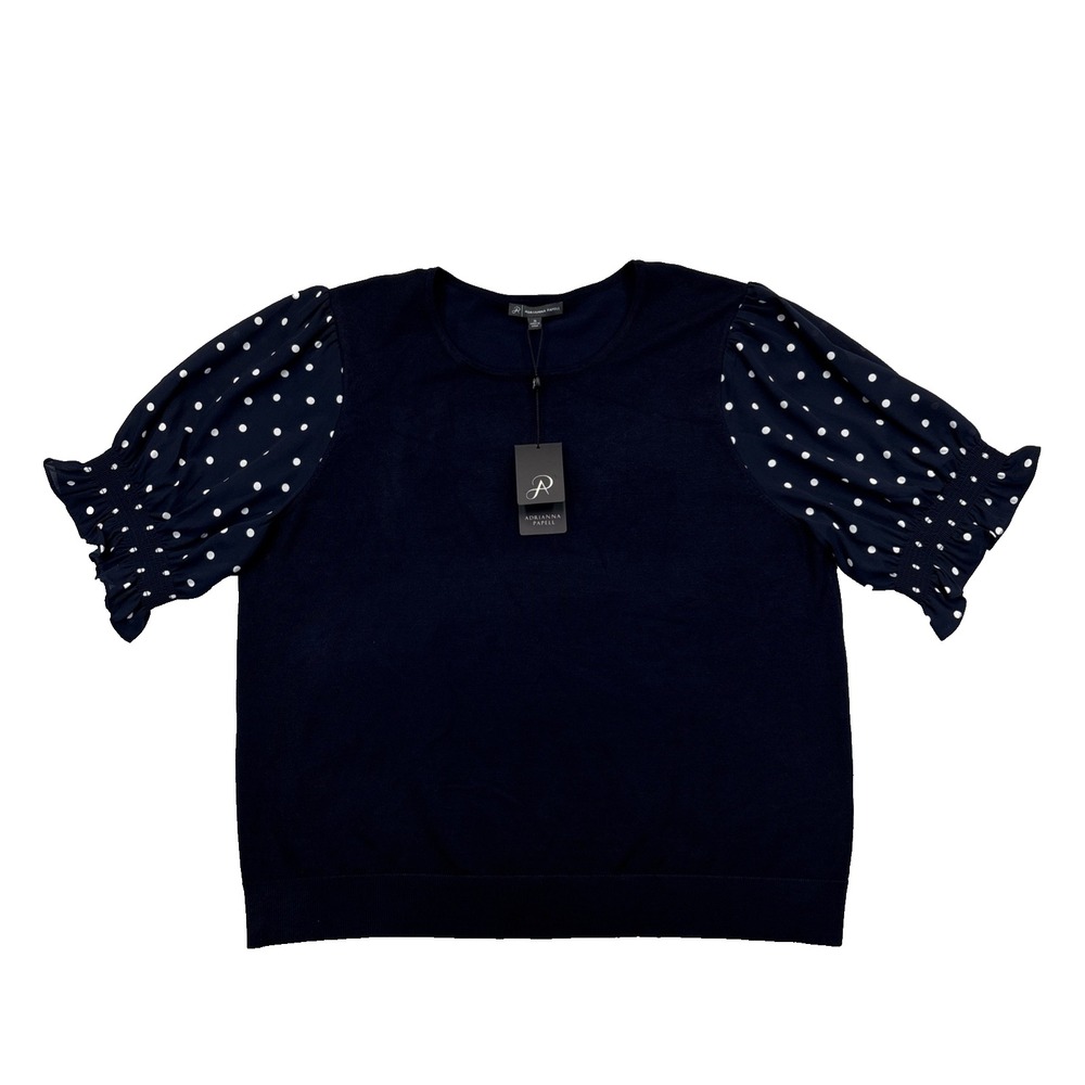 Adrianna Papell XL Navy Knit Top Polka Dot Puff Sleeve Preppy NWT